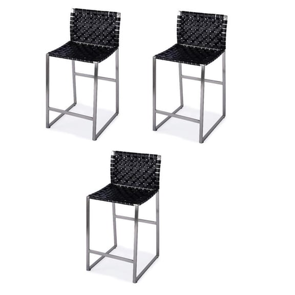 Pemberly Row Set of 3 25" Woven Leather Counter Stools In Black