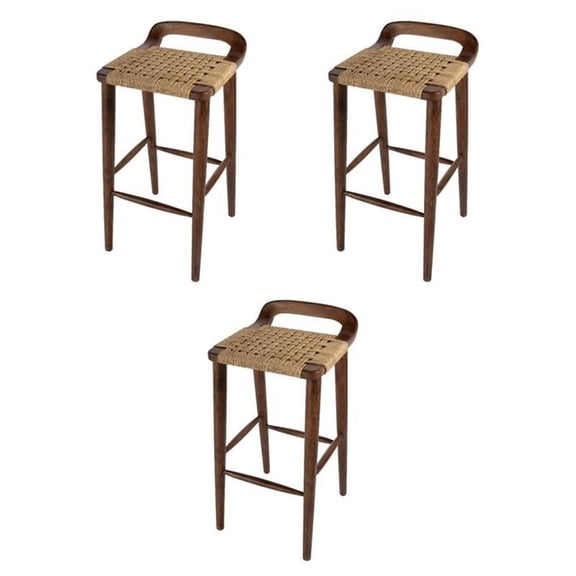 Pemberly Row Set of 3 30" Wood and Jute Woven Counter Stools in Brown