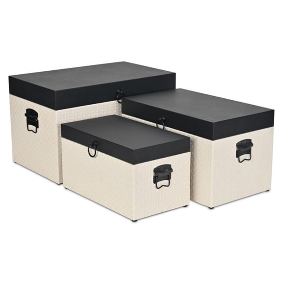 Pemberly Row Set of 3 Black Shagreen & Cream Wicker Pattern Storage Trunks
