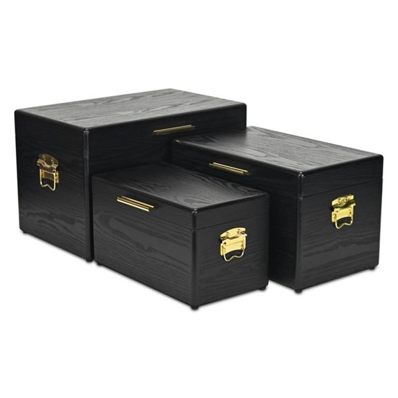 Pemberly Row Set of 3 Black Storage Trunks with Gold Handles