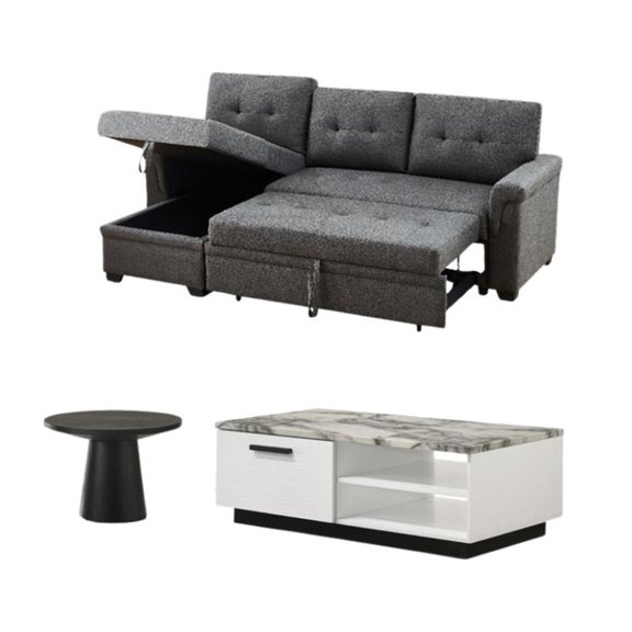 Pemberly Row Set of 3 End Table and Coffee Table and Reversible Sleeper Sofa