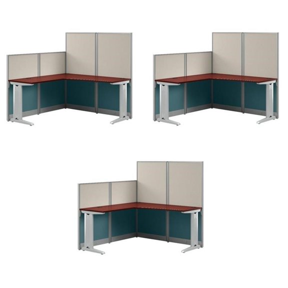 Pemberly Row Set of 3 Engineered Wood 65W L Shaped Cubicle Desk in Hansen Cherry