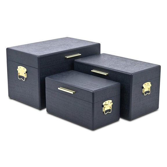 Pemberly Row Set of 3 Navy Blue Trunks with Gold Handles