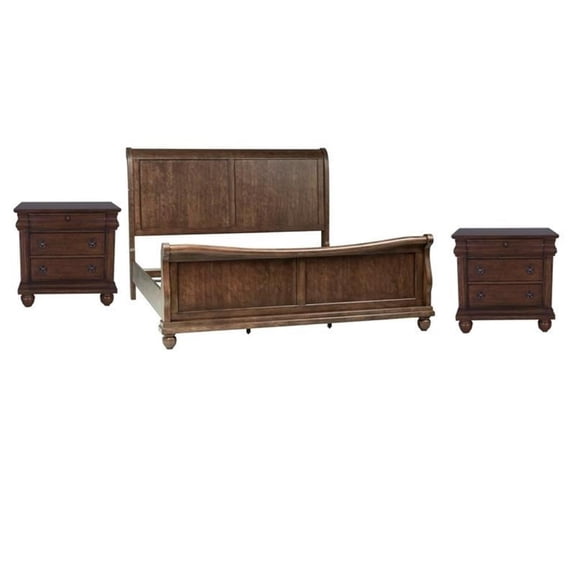 Pemberly Row Set of 3 Rustic Cherry King Sleigh Bed & Nightstands