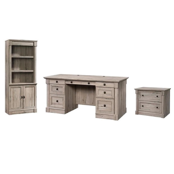 Pemberly Row Set of 3 Split Oak Bookcase & Lateral File Cabinet & Executive Desk