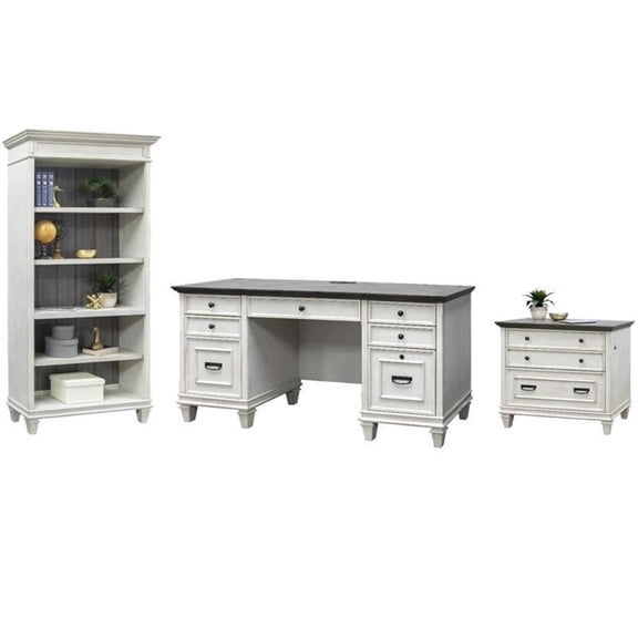 Pemberly Row Set of 3 Wood Credenza Office Desk & Filing Cabinet & Bookcase