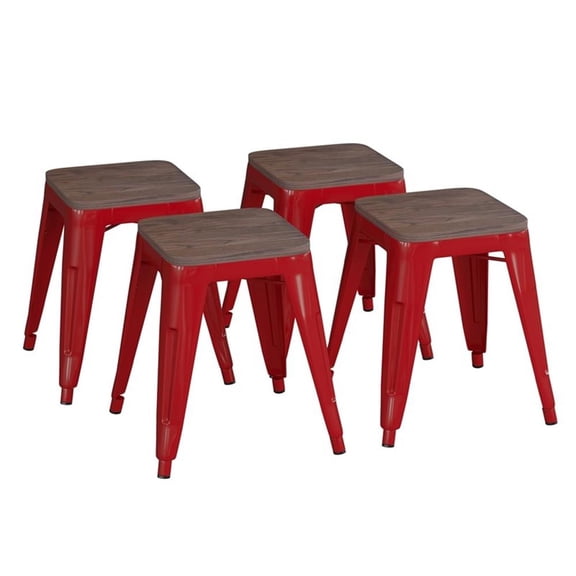 Pemberly Row Set of 4 18" Stackable Metal Stool with Wood Seat in Red