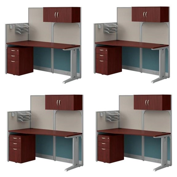 Pemberly Row Set of 4 Engineered Wood Cubicle Desk with Storage in Hansen Cherry