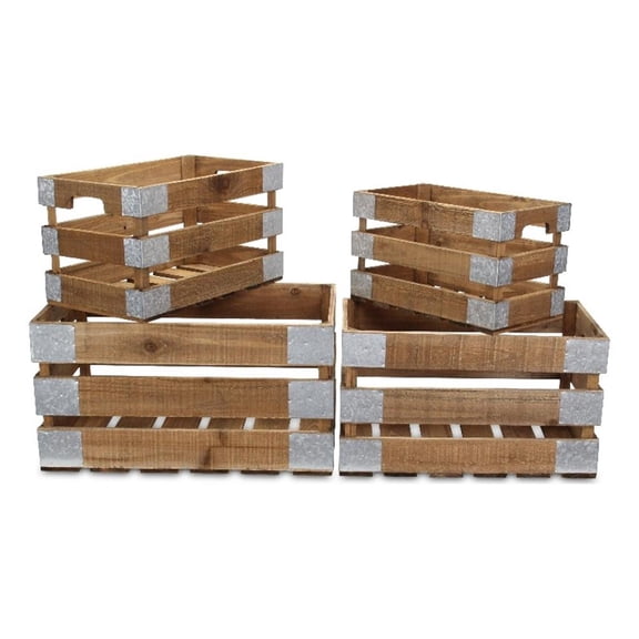 Pemberly Row Set of 4 Galvanized and Brown Nesting Crate Set