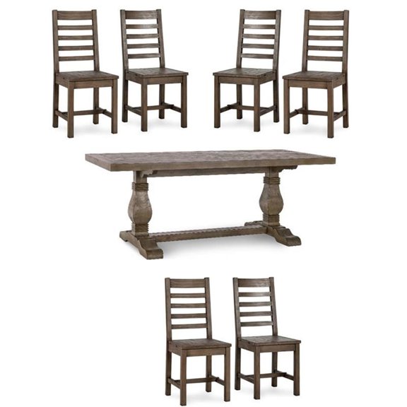 Pemberly Row Set of 7 Pine Dining Table & Solid Wood Chairs in Brown