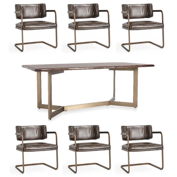 Pemberly Row Set of 7 Solid Mango Wood and Iron Dining Table & Chairs