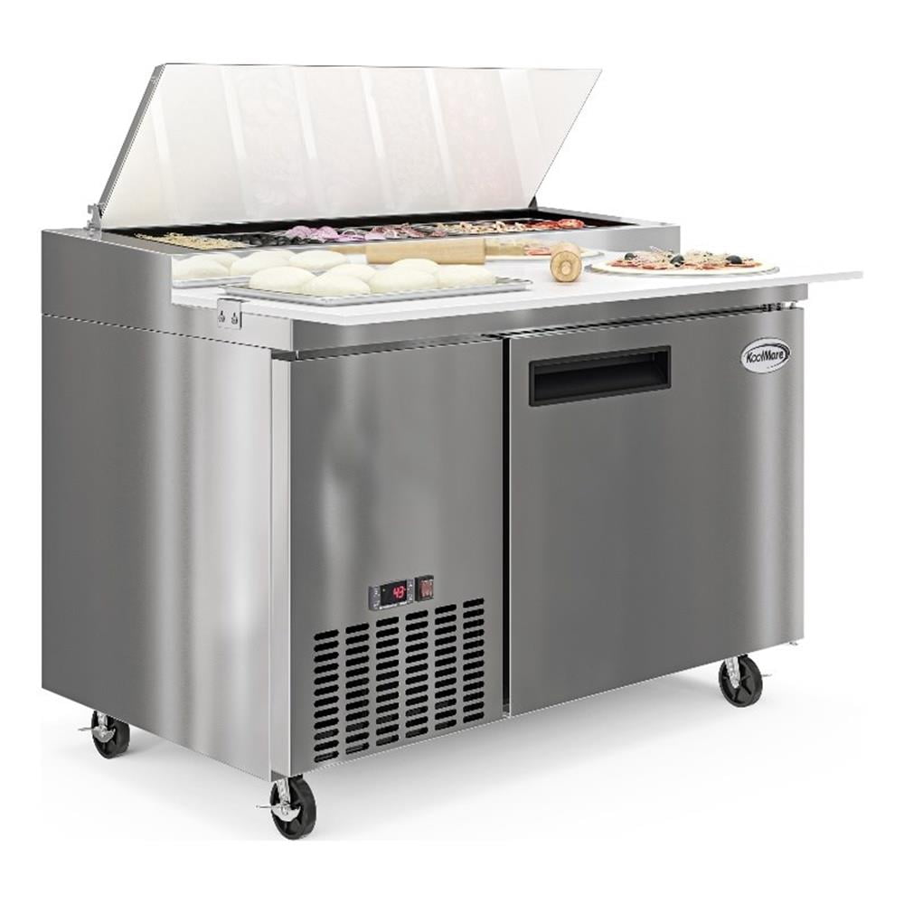 Pemberly Row Silver 50" One Door Commercial Pizza Prep Refrigerator in Steel