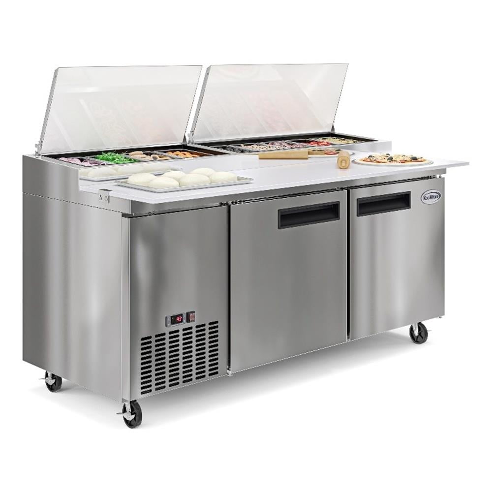Pemberly Row Silver 71" Two Door Commercial Pizza Prep Refrigerator in Steel