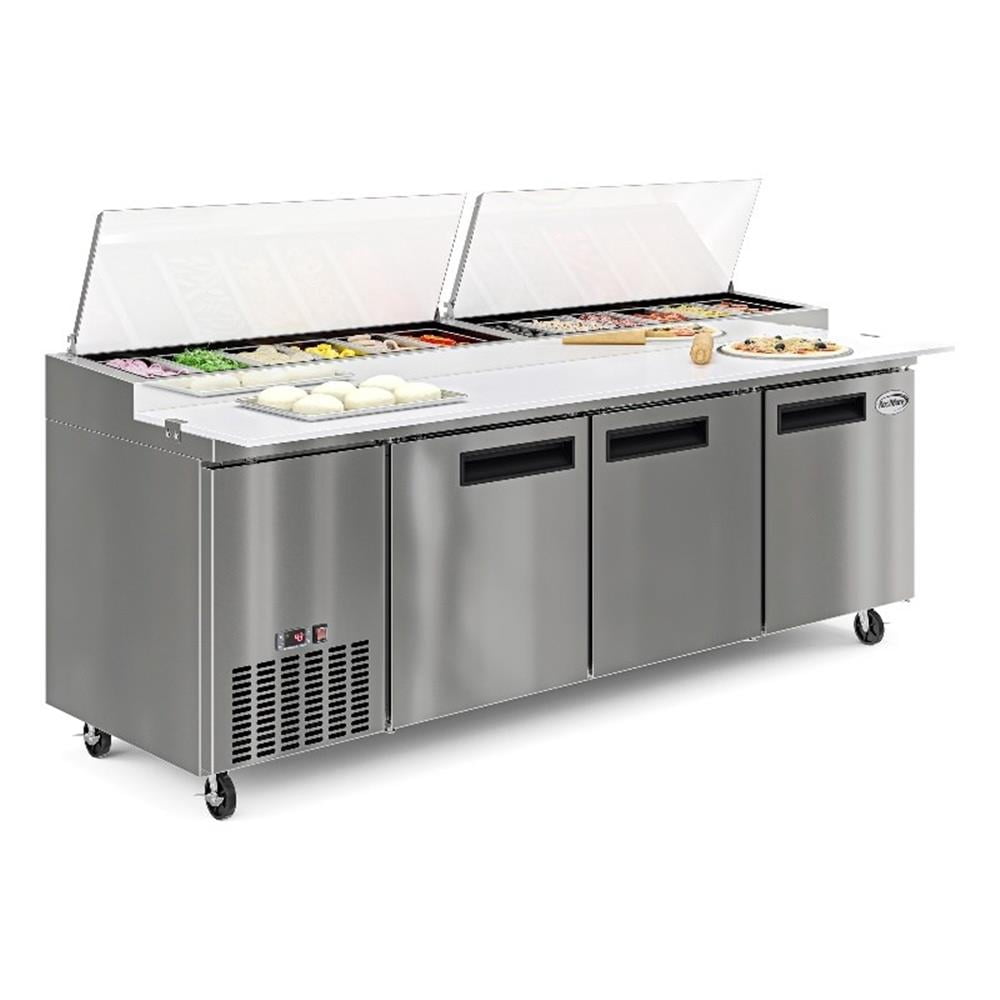 Pemberly Row Silver 92" 3 Door Commercial Pizza Prep Refrigerator in Steel