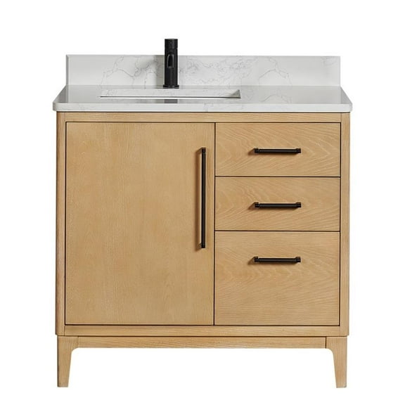 Pemberly Row Single Bath Vanity - Washed Ash Gray w/ White Grain Composite Stone