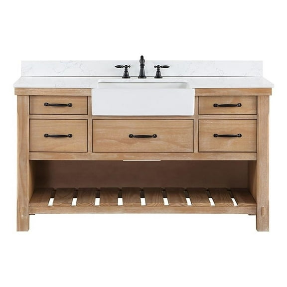 Pemberly Row Single Bath Vanity in Weathered Pine Wood & White Farmhouse Basin