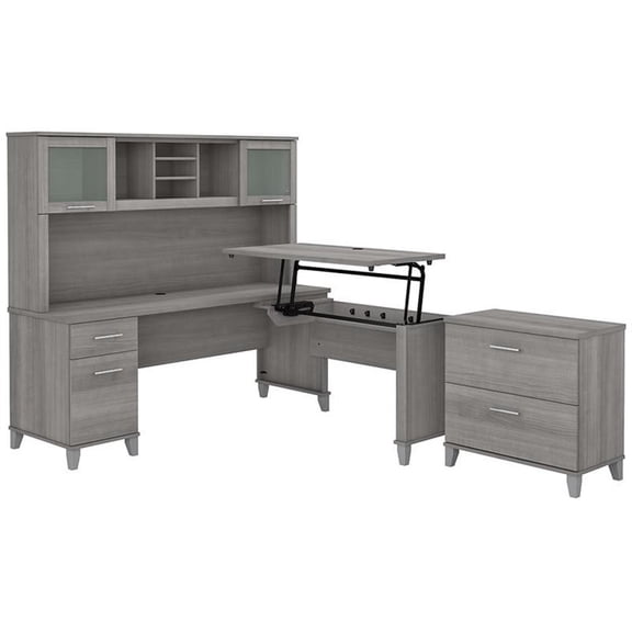 Pemberly Row Sit-St& L Desk with Hutch & File Cabinet in Gray - Engineered Wood
