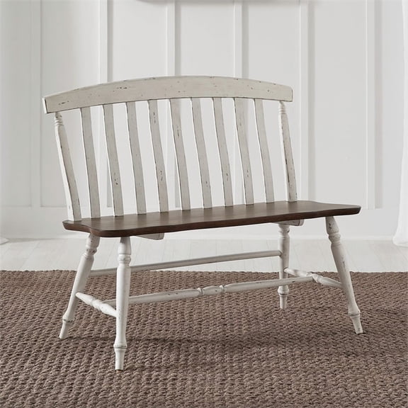 Pemberly Row Slat Back Bench in White Two-Tone Finish