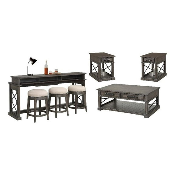 Pemberly Row Smokey Grey Cocktail 2Chairside and Console Table 3 Stools
