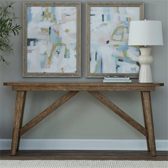Pemberly Row Sofa Table with Fancy Face Veneer and Trestle Base in Brown