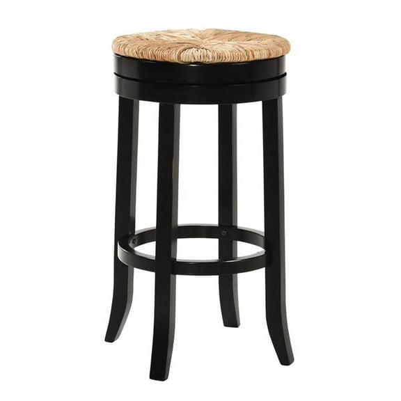 Pemberly Row Solid Wood 30" Swivel Rush Seat Bar Stool in Antique Black