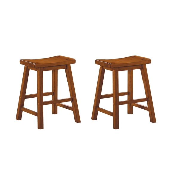 Pemberly Row Solid Wood Bar Stool Chair Set of 2 in Oak -Saddle Seat & Footrest