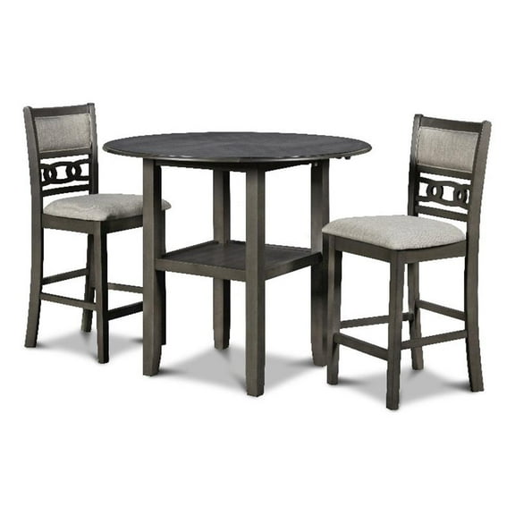Pemberly Row Solid Wood Counter Drop Leaf Table W / 2 Chairs in Gray