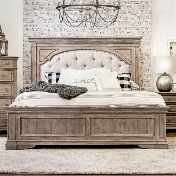 Pemberly Row Solid Wood Driftwood Gray Upholstered Panel Queen Bed