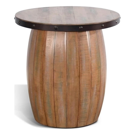 Pemberly Row Solid Wood Farmhouse Round Industrial Barrel End Table