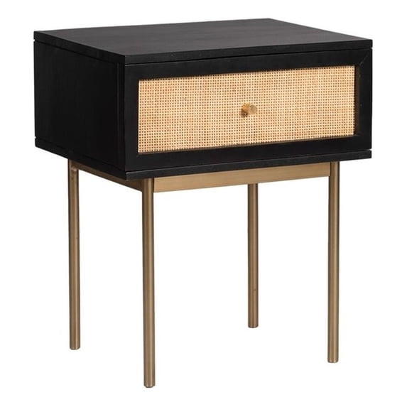 Pemberly Row Solid Wood One Drawer Natural Cane Nightstand in Black