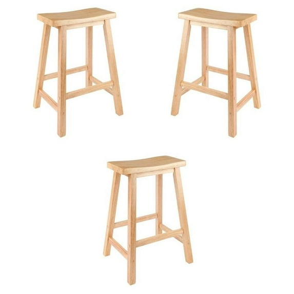 Pemberly Row Solid Wood Saddle Seat Counter Stool in Beech - Set of 3