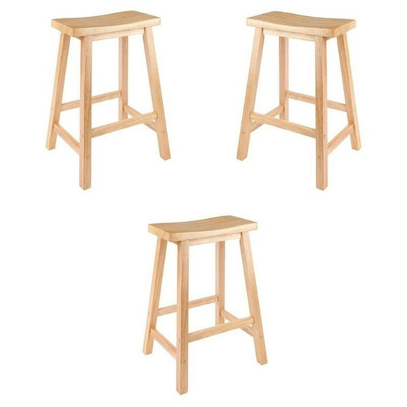 Pemberly Row Solid Wood Saddle Seat Counter Stool in Beech - Set of 3