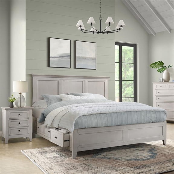 Pemberly Row Solid Wood Select Hardwood King Storage Bed in Rustic White