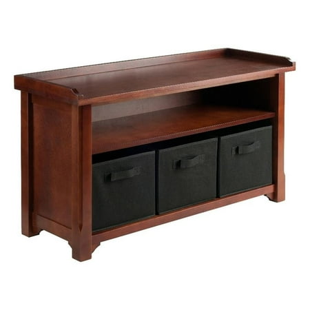 Pemberly Row Solid Wood Storage Bench with 3 Foldable Baskets in Walnut/Black