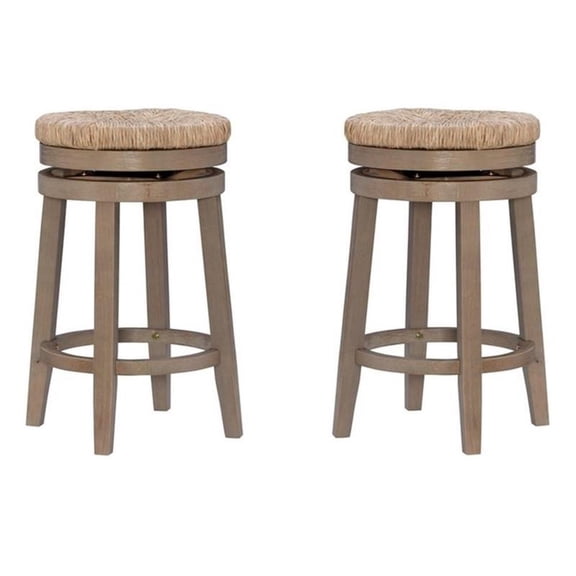 Pemberly Row Solid Wood Swivel Rush Counter Stool in Natural Brown - Set of 2