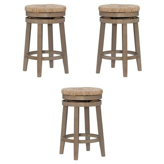 Pemberly Row Solid Wood Swivel Rush Counter Stool in Natural Brown - Set of 3