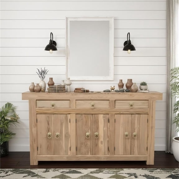 Pemberly Row Solid Wood Teak Sideboard with Brass Ring Pulls 3 Drawers 6 Doors