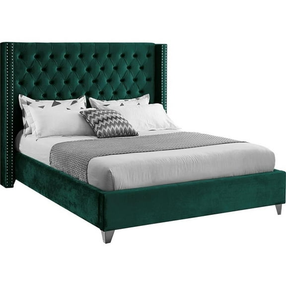 Pemberly Row Solid Wood Tufted Velvet Wing Back Full Bed in Green