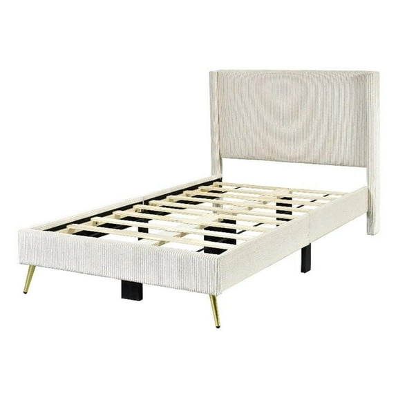 Pemberly Row Solid Wood & Velvet Twin Size Platform Bed in Cream