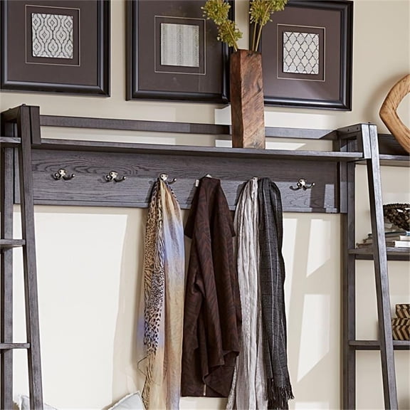Pemberly Row Solid Wood Wall Bridge with Hooks with Storage in Brown
