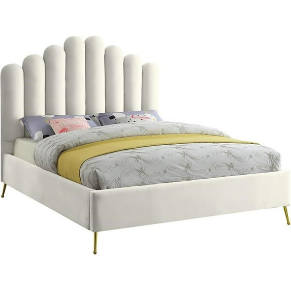 Pemberly Row Solid Wood and Tufted Velvet Queen Bed in Cream