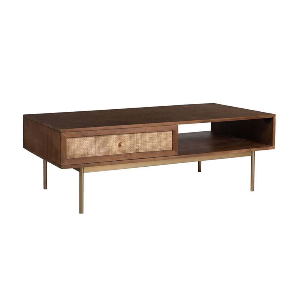 Pemberly Row Solid Wood with Natural Woven Cane Coffee Table in Walnut ...