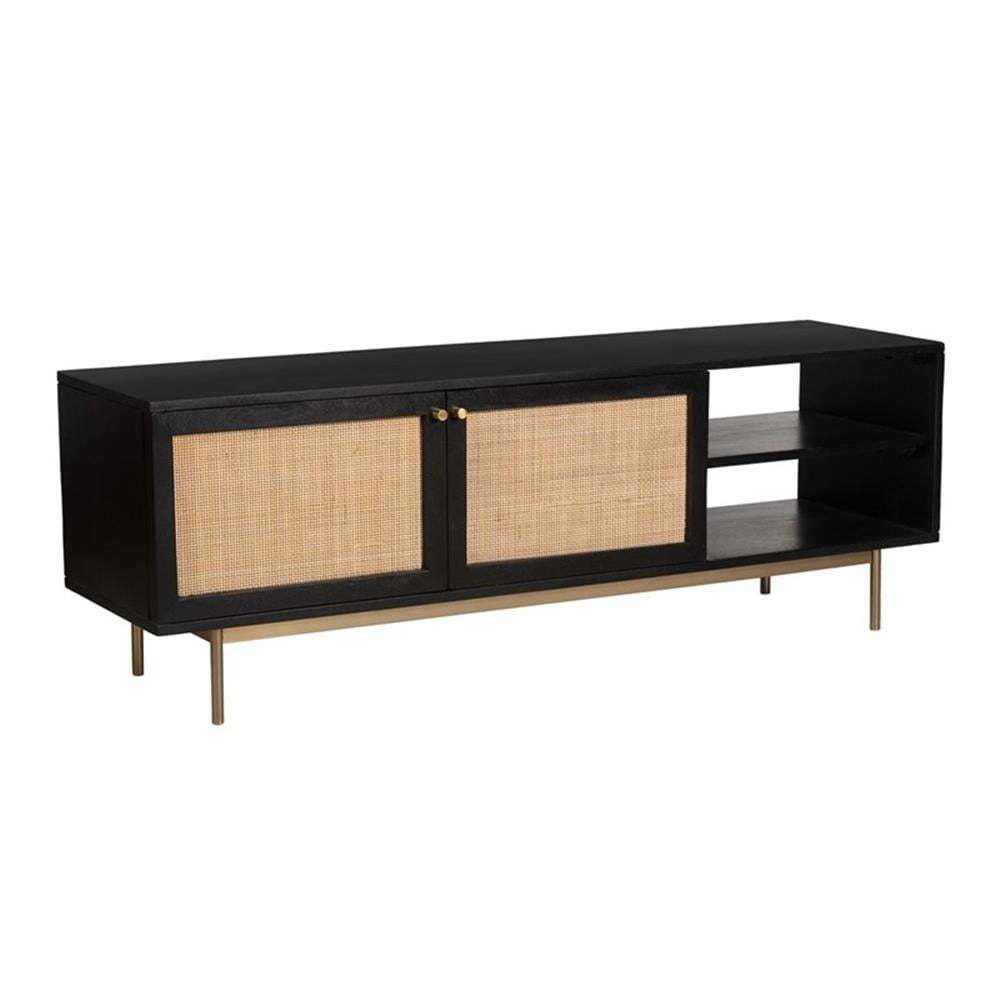 Black Solid Wood TV Stand with Natural Woven Cane Doors
