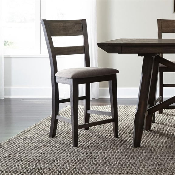 Pemberly Row Splat Back Counter Chair Set of 2 with Linen Seat in Dark Chestnut