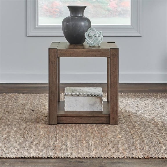 Pemberly Row Square Chairside Table with Planked Top in Cobblestone Brown