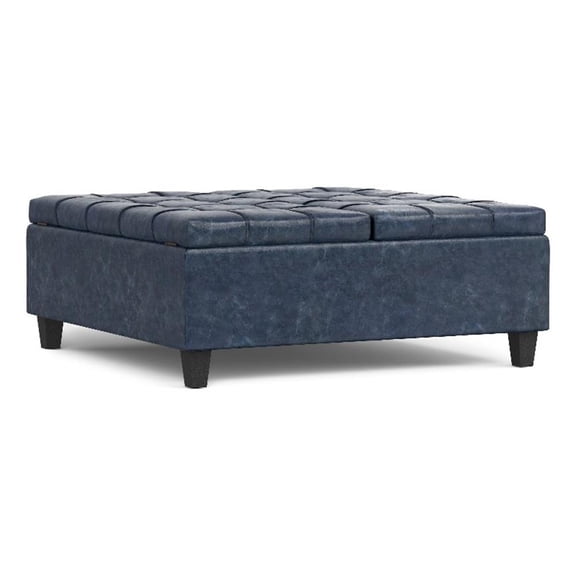 Pemberly Row Square Coffee Table Storage Ottoman in Blue Vegan Faux Leather