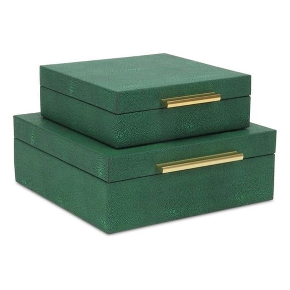 Pemberly Row Square Decorative Box Set of 2 in Green Faux Shagreen