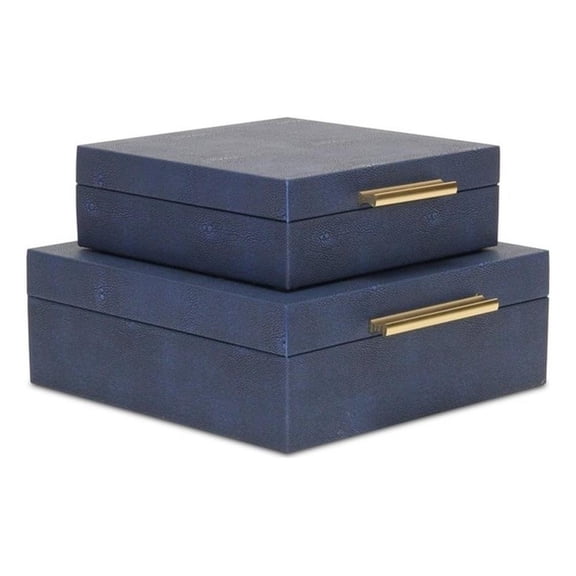 Pemberly Row Square Decorative Box Set of 2 in Navy Blue Faux Shagreen