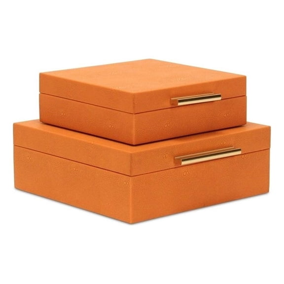 Pemberly Row Square Decorative Box Set of 2 in Orange Faux Shagreen