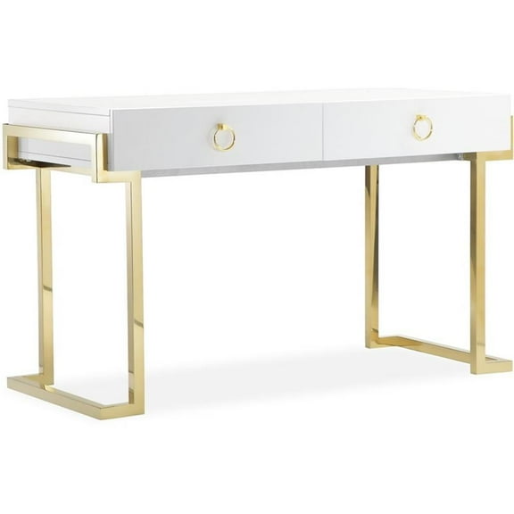 Pemberly Row Stainless Steel Desk in Glossy White Lacquer & Gold